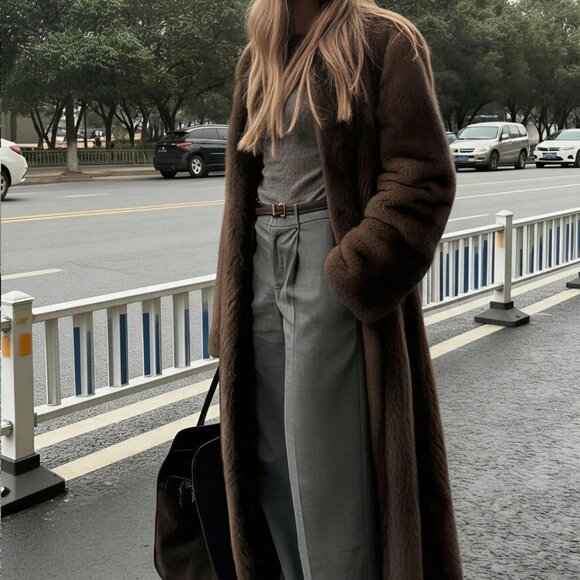 Coffee Brown Casual Women's Loose Long Faux Fur Coat - Picture 5 of 8